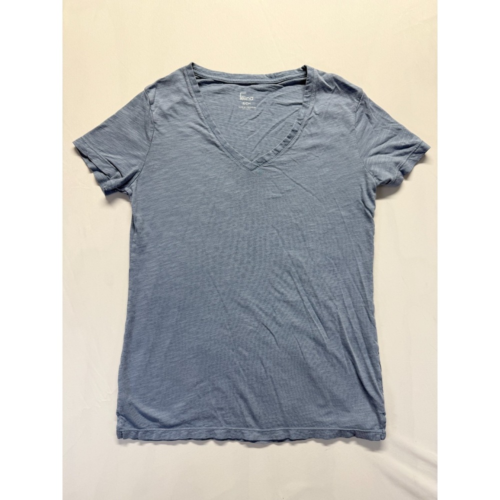Felina T Shirt Womens Small Blue Cotton Slub Knit V Neck Outdoor Casual Wear Top